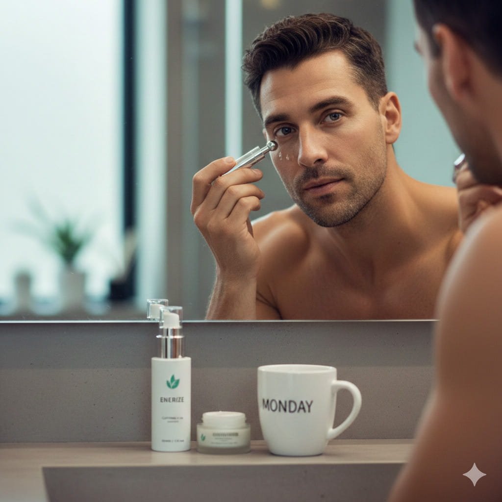 Contorno Masculino Antifatiga: Rutina con Cafeína y Hialurónico.